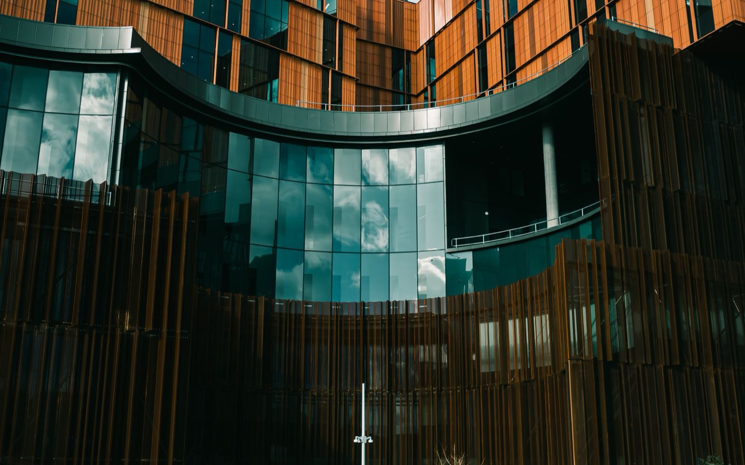Modern hospital building exterior with curved glass and timber facade